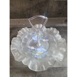 Westmoreland Frosted Glass Ruffled Edge Candy Dish W/Handle Wedding Bell‎ Ribbon
